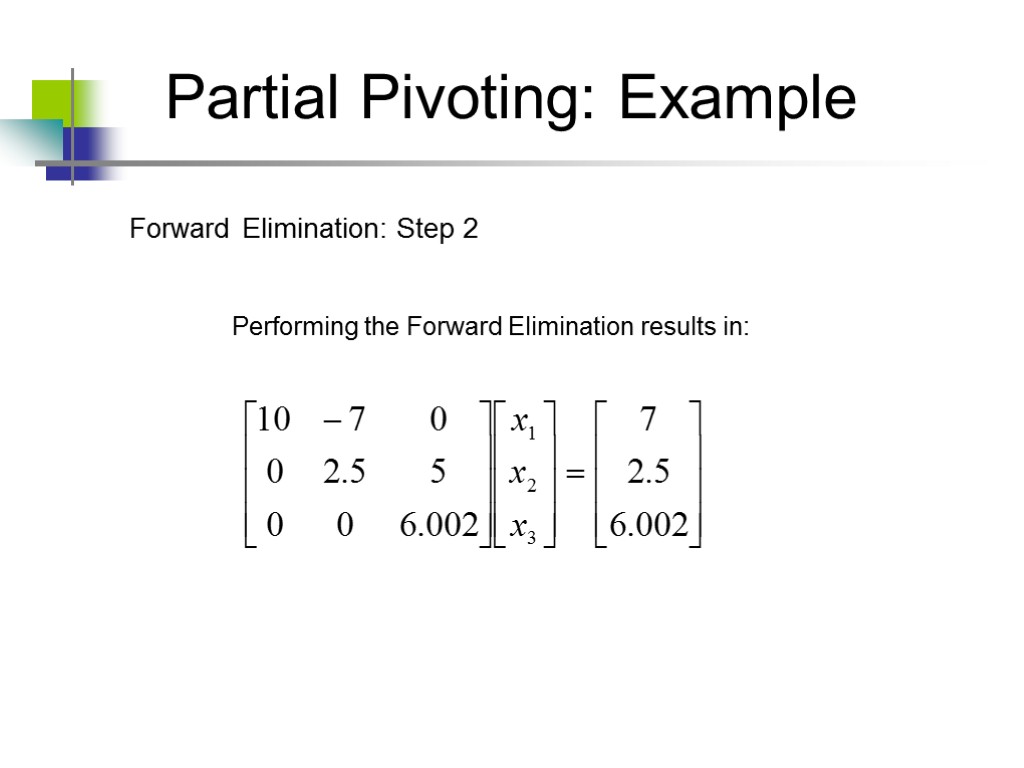 Partial Pivoting: Example Forward Elimination: Step 2 Performing the Forward Elimination results in: